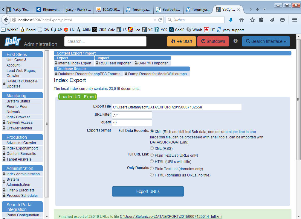 Index Export screenshot